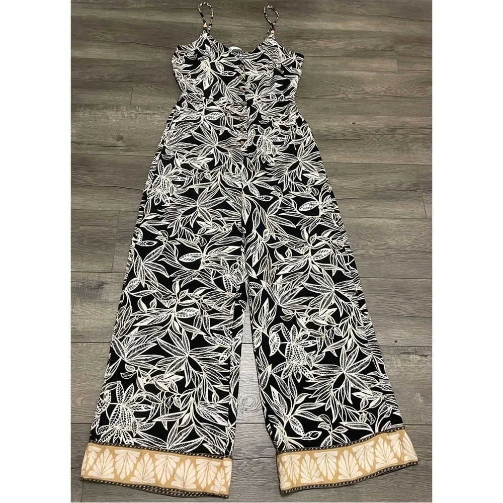 Zara Black Tropical Floral Black Lotus Vibes Sleeveless Jumpsuit Linen Sz M